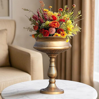 WORTH 15" H. Tall Gold Color Urn Vase for Centerpieces, 11.8" Dia. Classic Metal Trumpet Small Flower Pots for Table, Bowl Vase for Wedding Party Event Home Decor