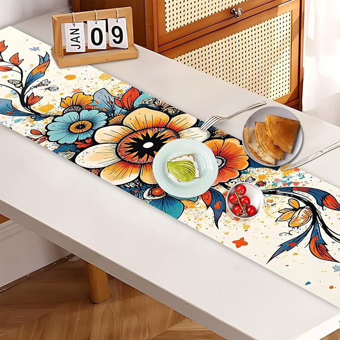 Abstract Eye Flower Table Runner – Vibrant Colorful Art Print, 13x72 Inch Linen-Look Fabric for Dining Table, Kitchen, Boho Home Decor, Psychedelic & Artistic Centerpiece Accent