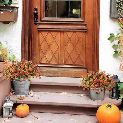 Artificial Mums Fake Fall Flowers for Outdoors Decoration, 12 Bundles Realistic Autumn Silk Daisy Faux Plants UV Resistant Decor for Home Garden Porch Patio Yard Balcony Window (Orange Brown)