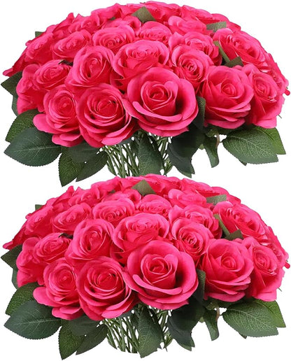 52pcs Hot Pink Roses Artificial Flowers Fake Flowers Silk Roses with Stems for DIY Wedding Bouquets Bridal Shower Centerpieces Arrangements Party Decorations