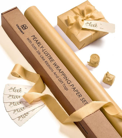 Vitalizart Gold Wrapping Paper Set 30" Pearly-Lustre With Silk Like Satin Ribbon & Gift Tags Recyclable Christmas Gift Wrapping Birthday Baby Shower Wedding Handmade Crafts 197"(16.4 Ft)