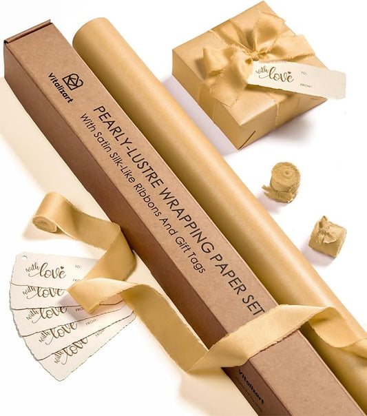 Vitalizart Gold Wrapping Paper Set 30" Pearly-Lustre With Silk Like Satin Ribbon & Gift Tags Recyclable Christmas Gift Wrapping Birthday Baby Shower Wedding Handmade Crafts 197"(16.4 Ft)
