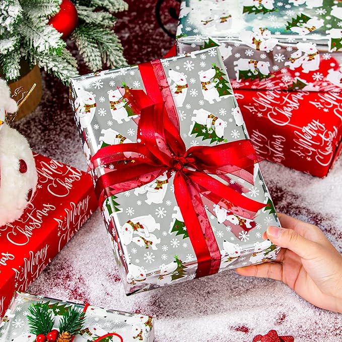 MAYPLUSS Christmas Wrapping Paper Roll - 17 Inch X 33 Feet - Silver Gift Wrapping Paper Christmas Tree Polar Bear Snowflake Reversible Red for Holiday Party New Year Kids