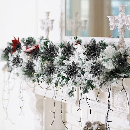 Boao Black 24 Pieces Poinsettia Flower Christmas Glitter Artificial Poinsettia with Clips Christmas Tree Ornament Decorations for DIY Xmas Wreath Holiday Home Party Decor, 3/4/6 Inches