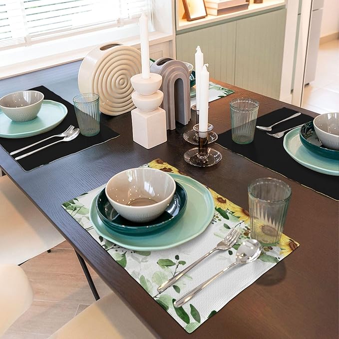 Sunflower Placemats Set of 6,Spring Summer Yellow Floral Flowers Rustic Vintage Dining Table Place Mats, Kitchen Decor Home Decoration 6 PCS, Style-13