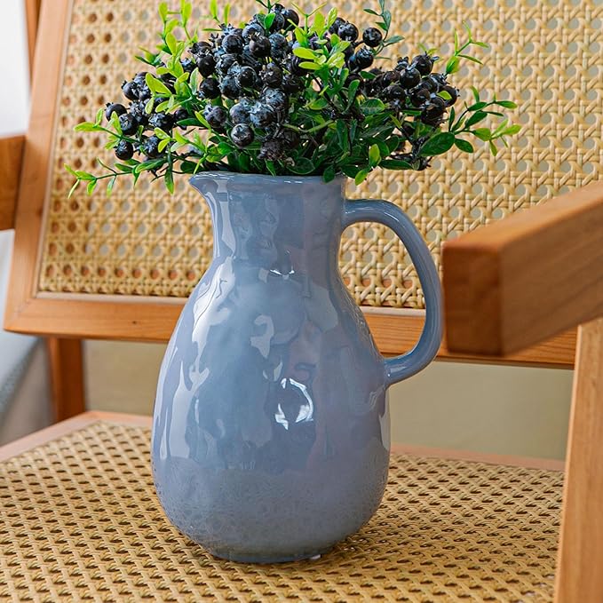 Blue Ceramic Vase with Handle, Pitcher Vases for Modern Farmhouse Home Decor, Small Pottery Flower Jug for Living Room Bedroom Kitchen Office Shelf Decor Centerpiece Table Decoration