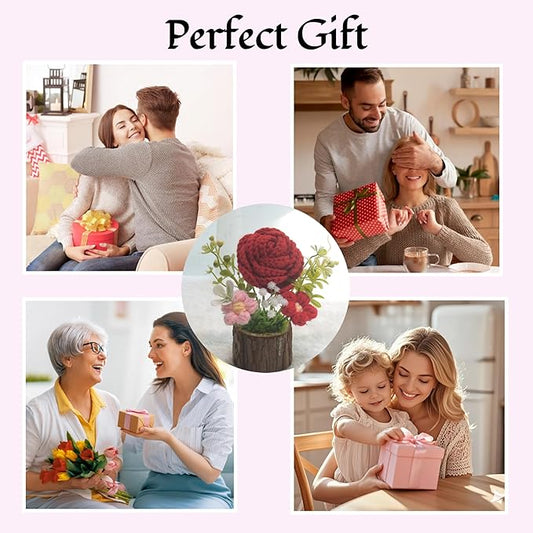 Handmade Crochet Rose Bouquet Knitted Creative Potted Plant Cute Home Desktop Decorations and Gifts for Friends, Lovers, Classmates (Red Roses)