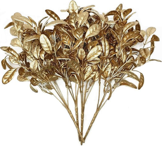 PASYOU Golden Fake Plants, Artificial Leaves Decoration for Christmas Flowers Grass Plastic Faux DIY Crafts Indoor Outdoor Home Garden Party Room Bedroom Wedding Table Centerpiece Decor, Gold 4 Pack