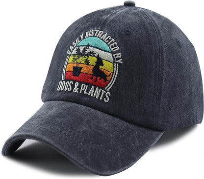 Easily Distracted by Dogs and Plants Hats, Adjustable Plant and Dog Decor Embroidered Baseball Cap for Men Women