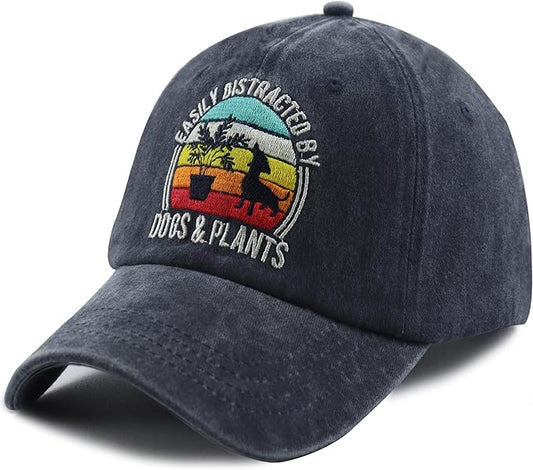 Easily Distracted by Dogs and Plants Hats, Adjustable Plant and Dog Decor Embroidered Baseball Cap for Men Women