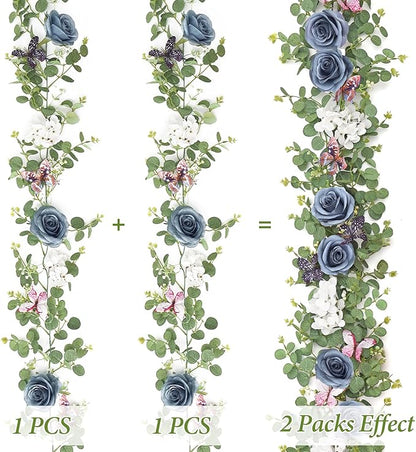 2Pcs 5.9 Ft Artificial Rose Vine Fake Flower Garland Blue Rose Hydrangea Vines with 3D Butterflies Hanging Floral Eucalyptus Garland for Wedding Party Background Arch Table Wall Home Decor