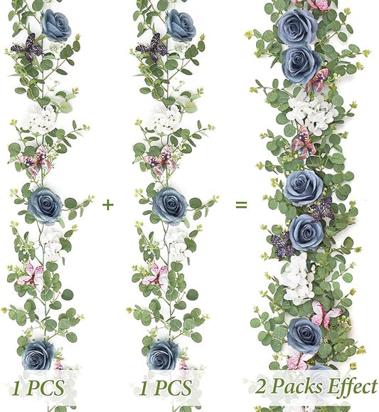 2Pcs 5.9 Ft Artificial Rose Vine Fake Flower Garland Blue Rose Hydrangea Vines with 3D Butterflies Hanging Floral Eucalyptus Garland for Wedding Party Background Arch Table Wall Home Decor