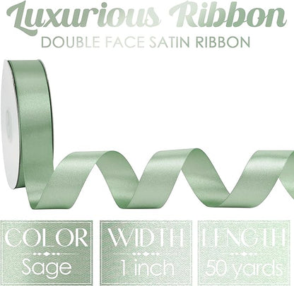 MEEDEE Sage Green Ribbon 1 Inch Sage Green Satin Ribbon Lux Double Faced Satin Ribbons by 50 Yards Polyester Green Wrapping Ribbons for Crafts, Weddings, Flower Bouquet, Holiday Decorating