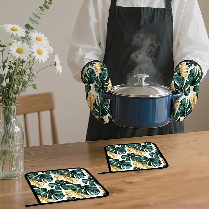 Palm Leaf Golden Tropical Oven Mitts and Pot Holders Set,Kitchen Decor Heat Resistant Non Slip Hot Pads and Oven Mitt for Chef Cooking Baking BBQ Mom Girl Gifts(4 Piece Set)