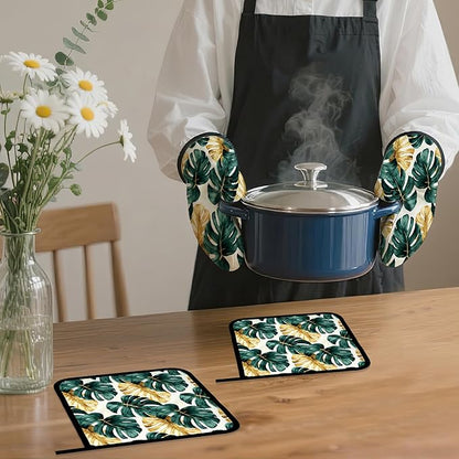 Palm Leaf Golden Tropical Oven Mitts and Pot Holders Set,Kitchen Decor Heat Resistant Non Slip Hot Pads and Oven Mitt for Chef Cooking Baking BBQ Mom Girl Gifts(4 Piece Set)