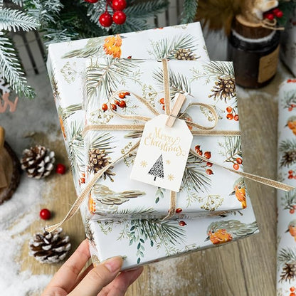 MAYPLUSS Christmas Wrapping Paper Roll - 17 In x 33 Feet - Cute Watercolor Bird Pinecone Gift Wrap Paper for New Year, Holiday, Kids