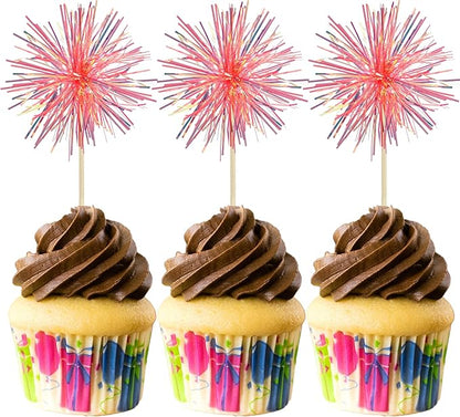 Gyufise 30Pcs Foil Firework Cupcake Toppers Sparkle Tinsel Cake Toppers Tinsel Drink Cake Decoration Cocktail Picks for Birthday Wedding Graduation Party Supplies Laser Orange