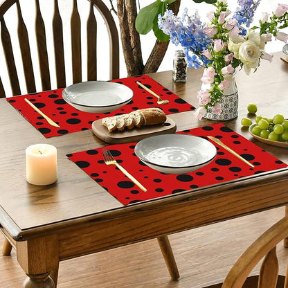 Black Spots Placemats Set of 4, 12x18 Inch Non-Slip Washable Heat Resistant Linen Fabric Table Mats,Place Mats for Holiday Party