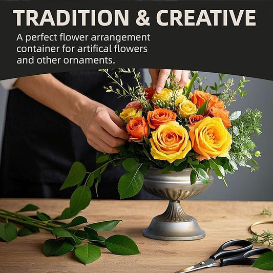 WORTH Silver Color Urn Vases for Centerpieces Set of 2 (Large:8.8" H. x 7.8" Dia. & Small:6.1" H. x 7.8" Dia.), Classic Metal Trumpet Flower Pots for Table, Bowl Vase for Wedding Party Event Home Deco
