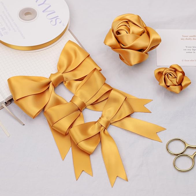 Old Gold Satin Ribbon, Double Faced 1-1/2 Inch X 25 Yards Old Gold Ribbon, Premium Satin Ribbons for Gift Wrapping, Crafts, Hair Bow Making, Sewing, Flower Bouquet, Wedding Party Decor