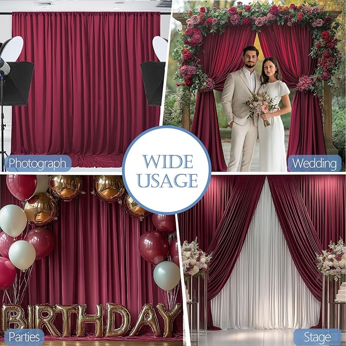 20x10ft Wrinkle Free ‌Burgundy Backdrop Curtain for Parties Soft Fabric Drapes Wedding ‌Curtain Backdrop for Birthday Party Decorations Background for Photography 5x10ft, 4 Panels