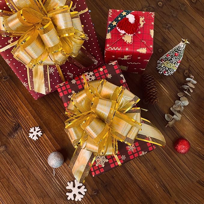 GWHOLE 30Pcs Large Gift Wrapping Bows, 5" Gold Ribbon Pull Bows for Gift Wrapping Wedding Holiday Decor