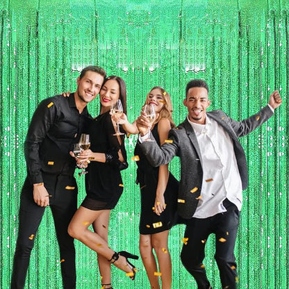 2 Pack 3.2ft x 8.2ft Green Foil Fringe Curtain, Metallic Tinsel Foil Fringe Rain Curtain Streamers Photo Backdrop for St Patricks Day Decorations Birthday Christmas Jungle Safari Tropical Party Decor