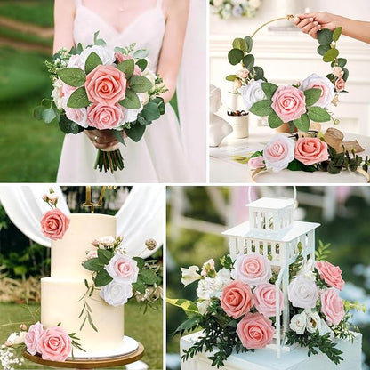 AmyHomie 25pcs Real Looking Artificial Shades of Blush Roses w/Stem for DIY Wedding Bouquets Centerpieces Arrangements Party Baby Shower Valentines Day Christmas Tree Decorations