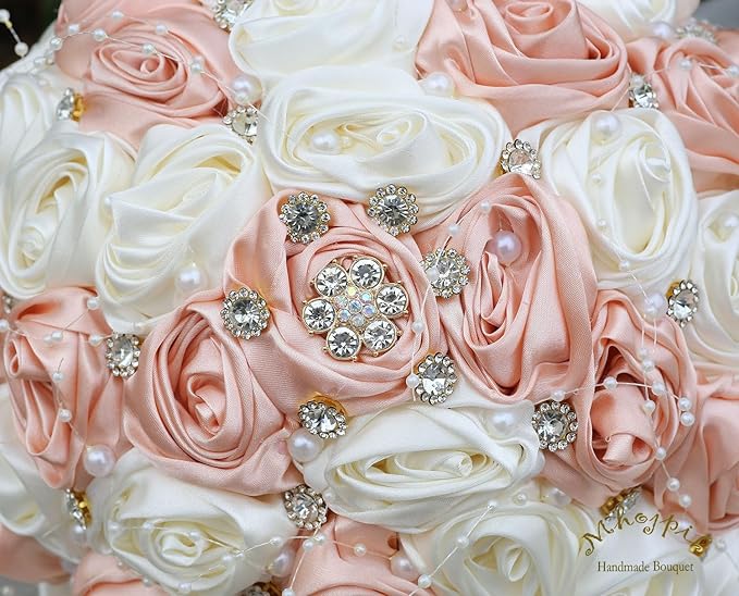 Bridal Wedding Bouquet Round Bling Brooch Bouquet Throw Toss Artificial Rose Flower Bunch for Bride Bridesmaid Wedding Quinceanera(Peach Pink & Ivory, 9.8")
