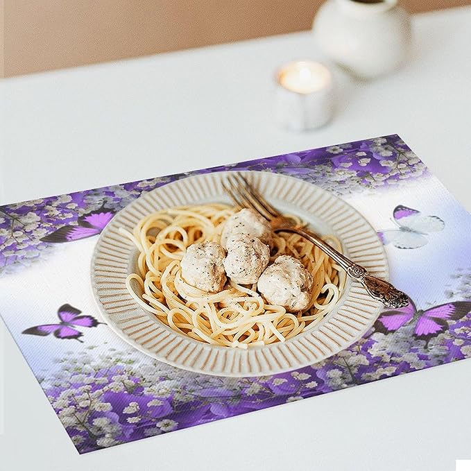 Purple Butterfly Flowers Placemats Set of 4,Spring Summer Flower Place Mats Washable for Kitchen Dining Table Heat Resistant Decorative Colth Table Mats 4 PCS, Style-1