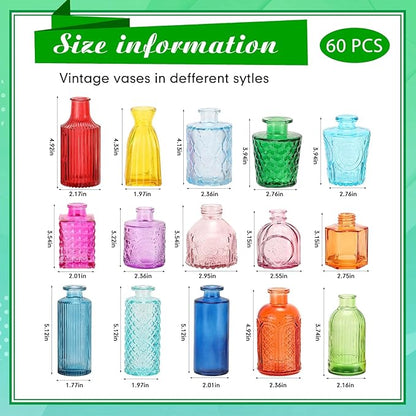 Yaomiao 60 Pcs Vases Bulk Colored Flower Glass Christmas Vases Bud Vintage Colored Glass Bottles Colorful Rustic Embossed for Home Wedding Table Decorations Gifts(Vivid Color)