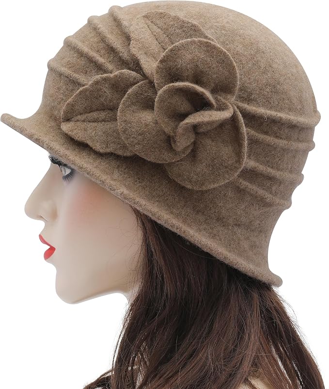 ZLYC Women Wool Cloche Bucket Hat 1920s Vintage Dress Winter Hats with Flower Accent