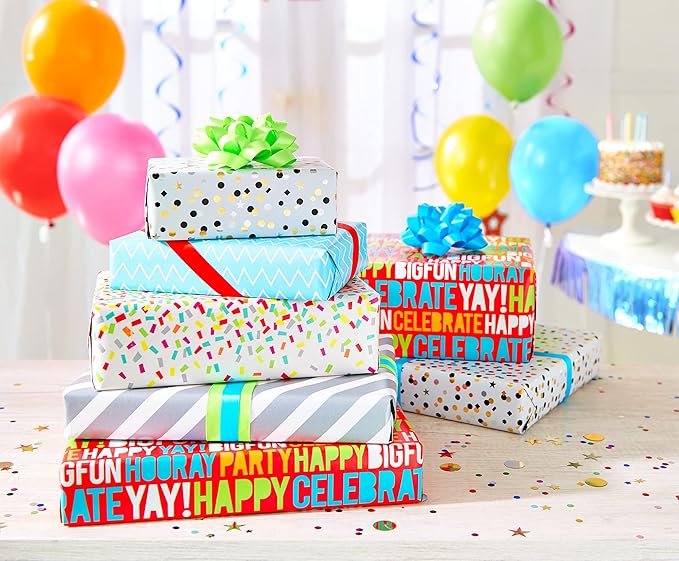 American Greetings Reversible Birthday, Baby, Wedding, and All Occasion Wrapping Paper, Unicorns and Dinosaurs (9 Rolls, 225 sq. ft.)