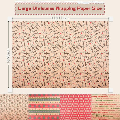 Happypapa Christmas Wrapping Paper, Kraft Xmas Wrapping Paper Rolls - Snowflakes, Reindeer, Gift and Merry Christmas Pattern - 4 Rolls - 17 Inch × 120 Inch Per Roll