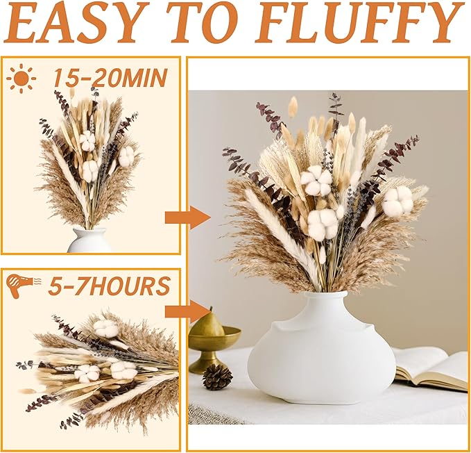 120Pcs Natural Dried Cotton Flower Bouquet - 17'' Boho Pampas Grass, Lavender, Cotton Stems, Bunny Tails, Eucalyptus & Wheat - Rustic Boho Farmhouse Decor for Vase, Wedding, DIY Crafts