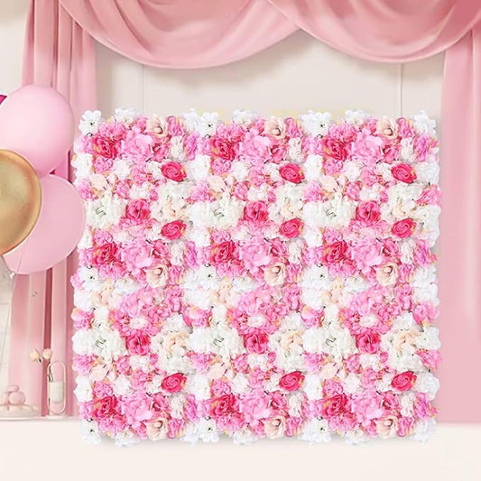 20 Pack Flowers Wall Panels Artificial Floral Wall Mat Handmade 3D Silk Rose Hydrangea Dahlia Floral Panels for Photo Background Home Party Wedding Backdrop Decoration, 24 x 16 inch (D)