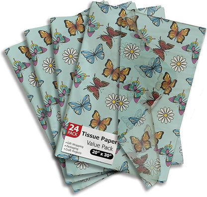 Pro Supply Global Butterflies and Daisies Printed Tissue Paper for Gift Bags or Boxes and Wrapping - Spring Floral Bulk Decorative Art Tissue Paper for Packaging and Gifting | 24 Sheets 20" x 30"