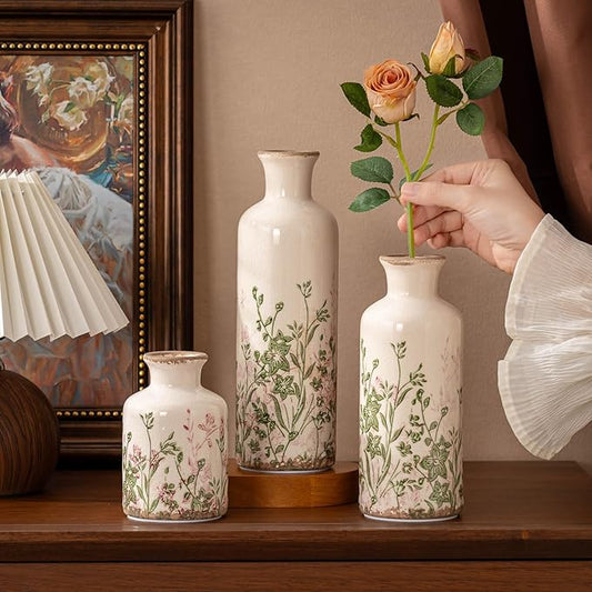 Set of 3 Ceramic Vase, Vintage Pink Floral Beige Vases, Rustic French Country Farmhouse Decorative Vases for Home Decor, Living Room, Mesa de Centro para Sala, Mantel, Kitchen,Table, Shelf Decor