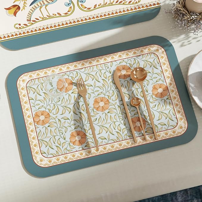 patdrea French Floral Rectangular PVC Placemats, Pack of 6, Waterproof Insulation, Soft and Durable, Suitable for Dining Table, Kitchen and Coffee Table Decoration,12"*17"