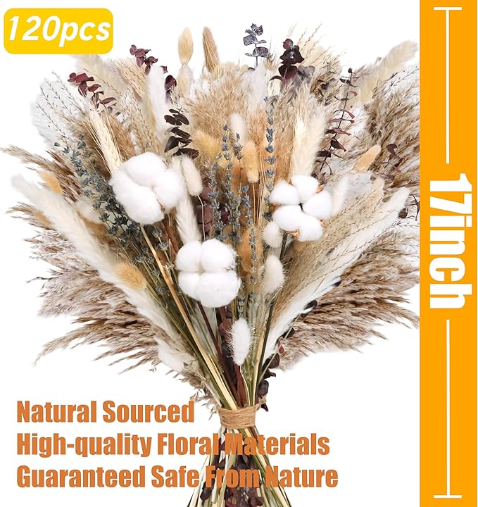 120Pcs Natural Dried Cotton Flower Bouquet - 17'' Boho Pampas Grass, Lavender, Cotton Stems, Bunny Tails, Eucalyptus & Wheat - Rustic Boho Farmhouse Decor for Vase, Wedding, DIY Crafts
