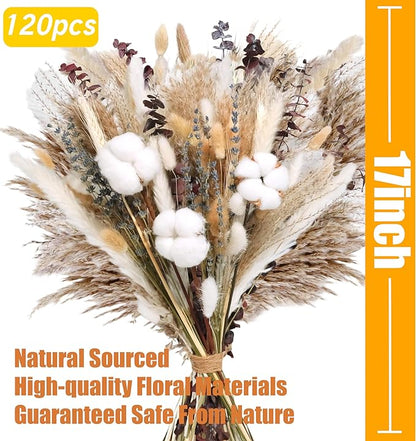 120Pcs Natural Dried Cotton Flower Bouquet - 17'' Boho Pampas Grass, Lavender, Cotton Stems, Bunny Tails, Eucalyptus & Wheat - Rustic Boho Farmhouse Decor for Vase, Wedding, DIY Crafts
