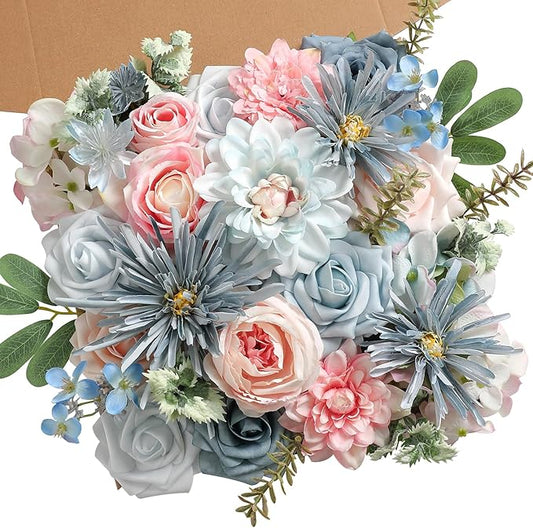 Blue Pink Artificial Flowers Set - Fake Roses, Peonies, Silk Flowers with Stems for DIY Wedding Bouquets,Floral Arrangement,Table Centerpieces,Baby Shower, Home Decor