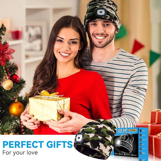 Christmas Stocking Stuffers for Men Adults, Beanie Hats with Light, USB Rechargeable LED Hand Free Headlamp, Birthday Gifts for Men, Women, and Teens, Ideal for Camping, Hiking, Grey