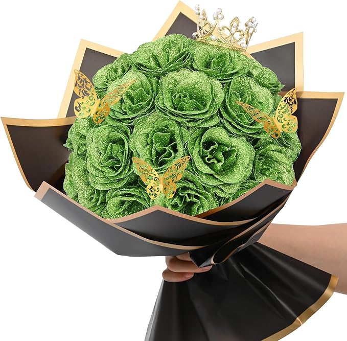 Waipfaru Glitter Roses Bouquet, DIY Green Fake Flowers Bouquet, Birthday Gifts for Women Mom, 24 Pcs Rose for Wife Girlfriend Valentines, Mothers Day, Graduation, St. Patrick's Day