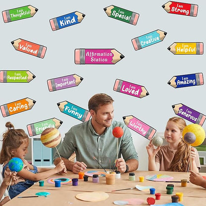 Watercolor Inspirational Mirror Decals Pencil Cutouts Stickers for Bulletin Board Set Kids Motivational Stickers for Galss Window Positive Affirmation Wall Decal for Playroom Nursery Teacher Supplies
