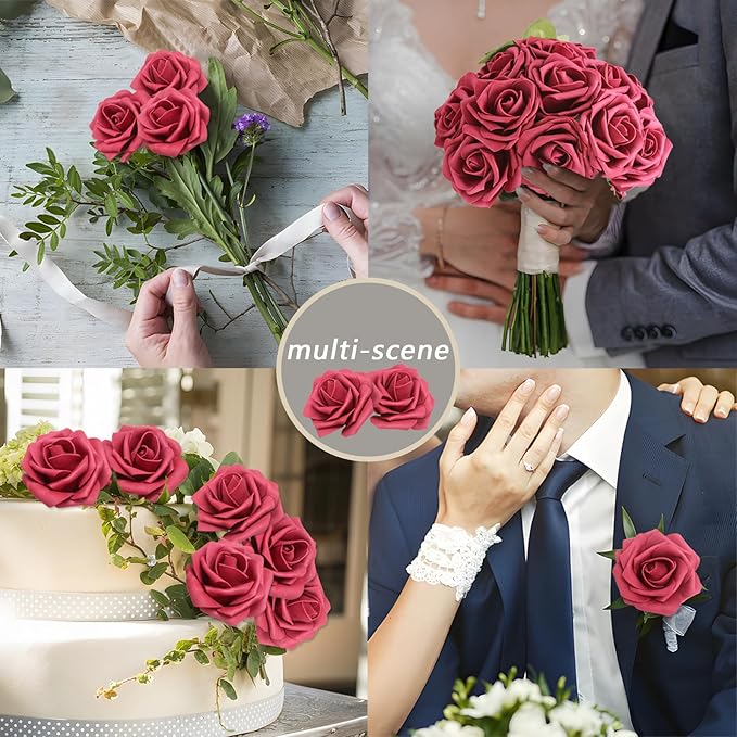 200PCS Artificial Flowers Burgundy Roses Real Looking Foam Fake Roses with Leaves and for DIY Wedding Bouquets Bridal Shower Centerpieces Party Decorations (Burgundy, 200)