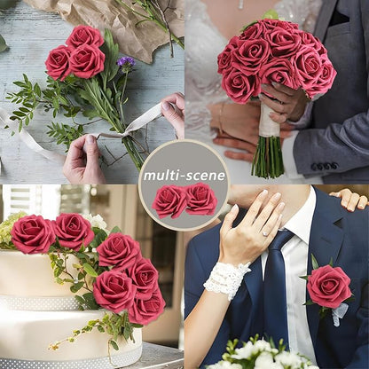 200PCS Artificial Flowers Burgundy Roses Real Looking Foam Fake Roses with Leaves and for DIY Wedding Bouquets Bridal Shower Centerpieces Party Decorations (Burgundy, 200)
