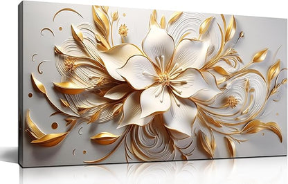Flower Painting Wall Decor Living Room White and Gold Wall Art for Bedroom Modern Art Wall Decor Office Size 20" x 40"