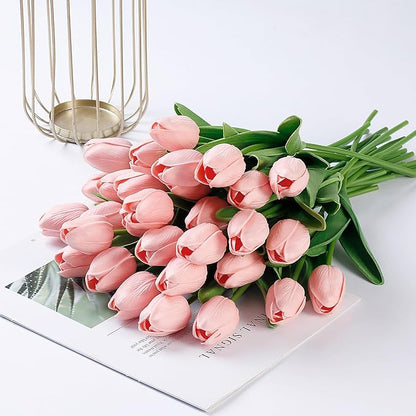 Sggvecsy 30 Pcs Fake Tulips Artificial Flowers Real Touch PU Faux Flowers Tulip Stems for Wedding Spring Bouquet Floral Arrangement Home Party Office Decorations for Mother's Day (Milk Pink)
