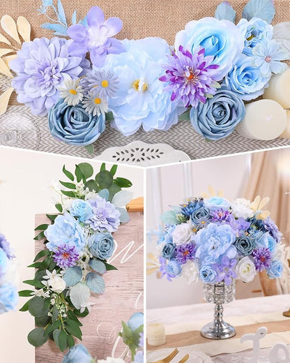 Senseya Artificial Flowers Combo, Blue Purple Silk Roses, Peonies, Dahlias with Stems for DIY Wedding Bouquets, Baby Shower, Table Centerpieces, Home Decor, Fake Floral Arrangements, Party Decorations